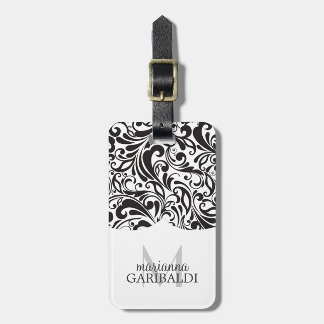 Modern Damask Black Personalised Luggage Tag (Front Vertical)