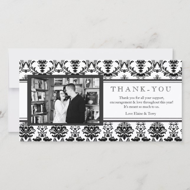 Modern Damask Black & White Thank You Photo Card (Front)