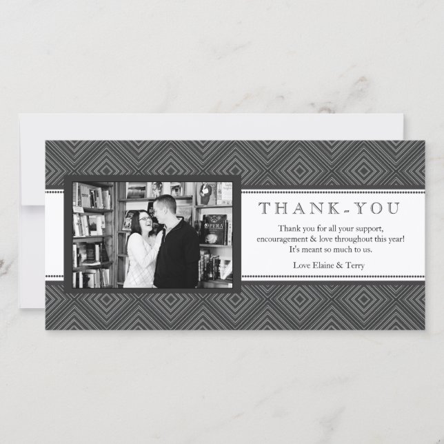Modern Damask Black & White Thank You Photo Card (Front)