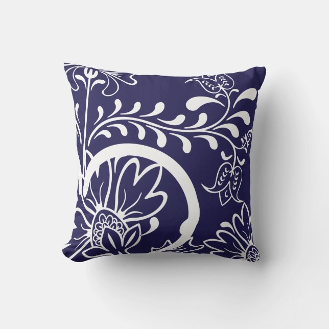 Modern Damask Floral Pattern | Navy Blue Cushion (Front)
