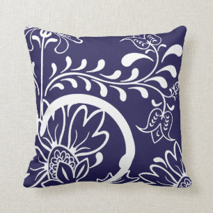 Modern Damask Floral Pattern Navy Blue Cushion