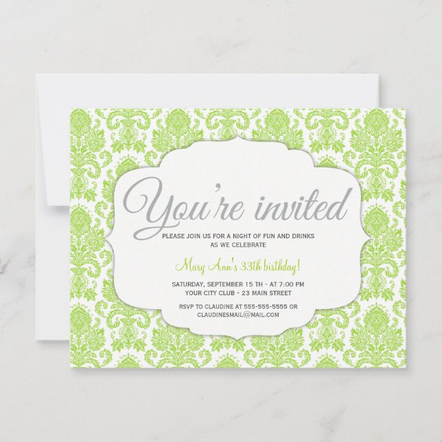 Modern Damask Green Party Invitation (Front)