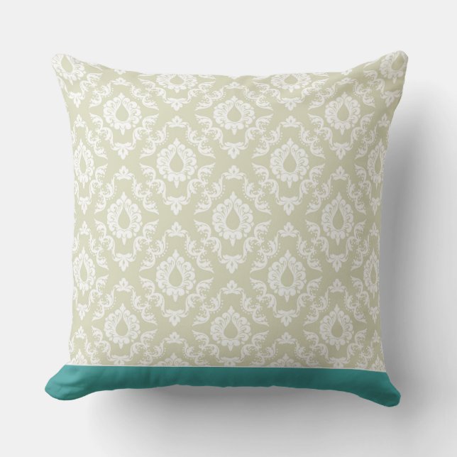Modern Damask Pattern Pillow Tan and Teal CH9 (Front)