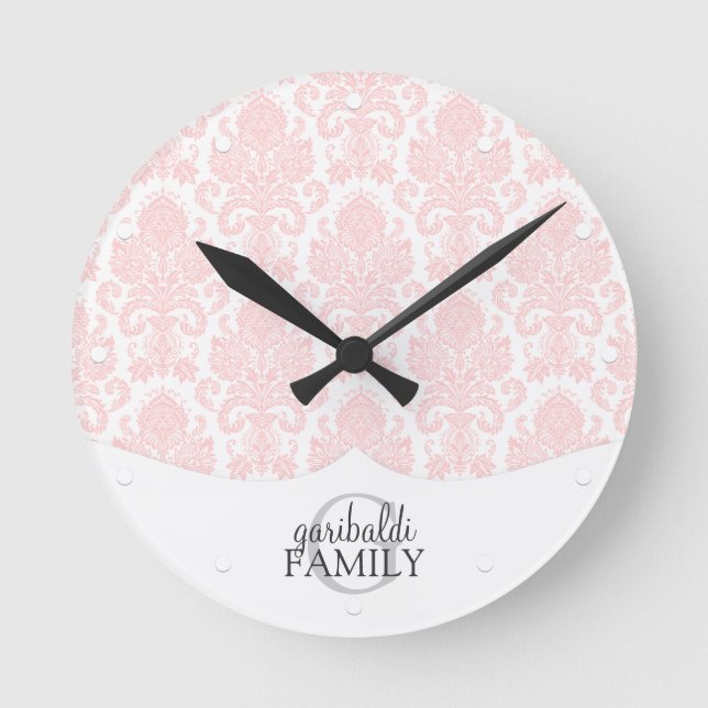 Modern Damask Pink Family Personalised Round Clock (Front)