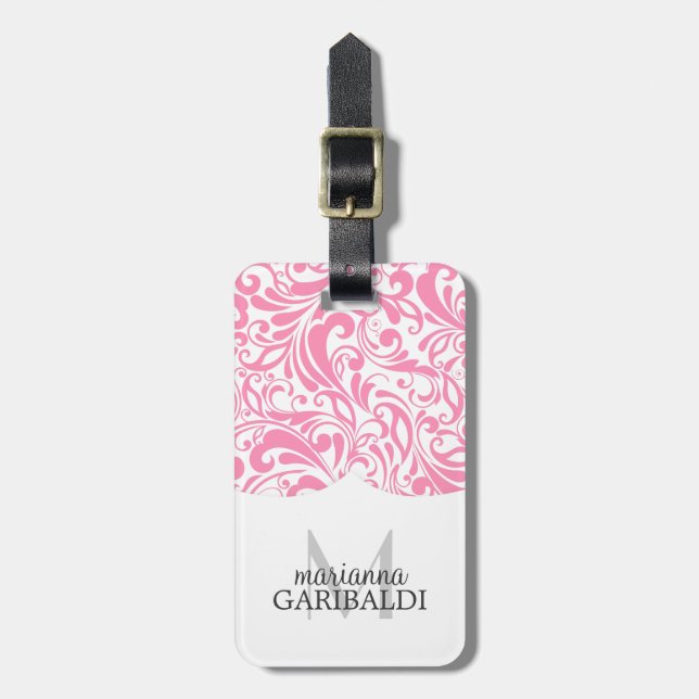 Modern Damask Pink Personalised Luggage Tag (Front Vertical)