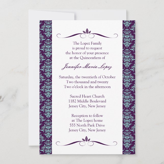 Modern Damask Quinceanera Invitations (Front)