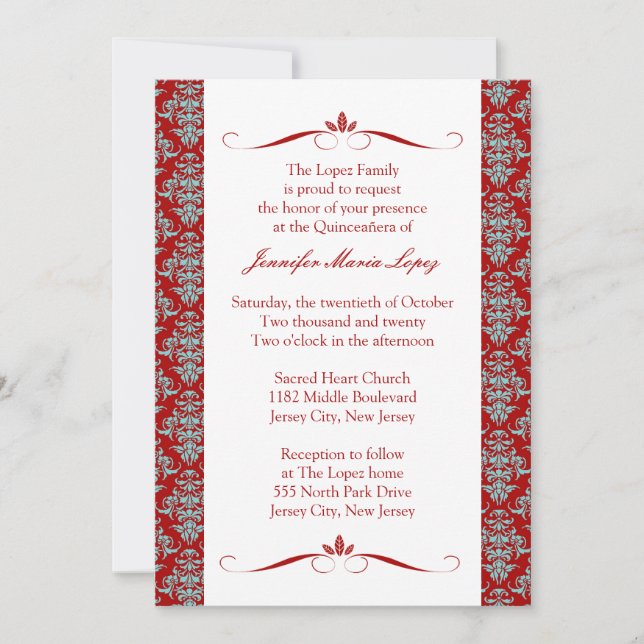Modern Damask Quinceanera Invitations (Front)
