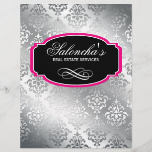 Modern Damask Real Estate Flyer Black Silver