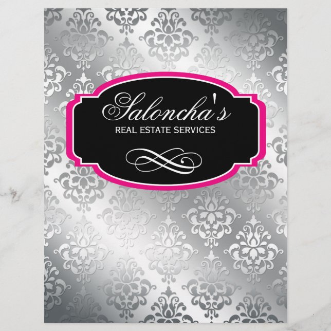Modern Damask Real Estate Flyer Black Silver (Front)