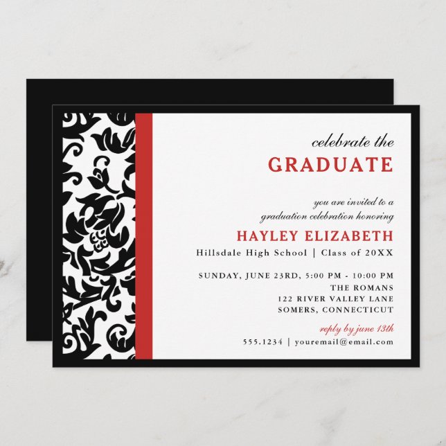 Modern Damask Red Border Graduation Invitation (Front/Back)