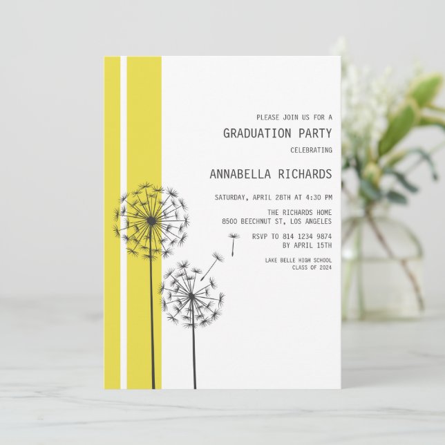 Modern Dandelions Yellow Graduation Party Invitation (Standing Front)