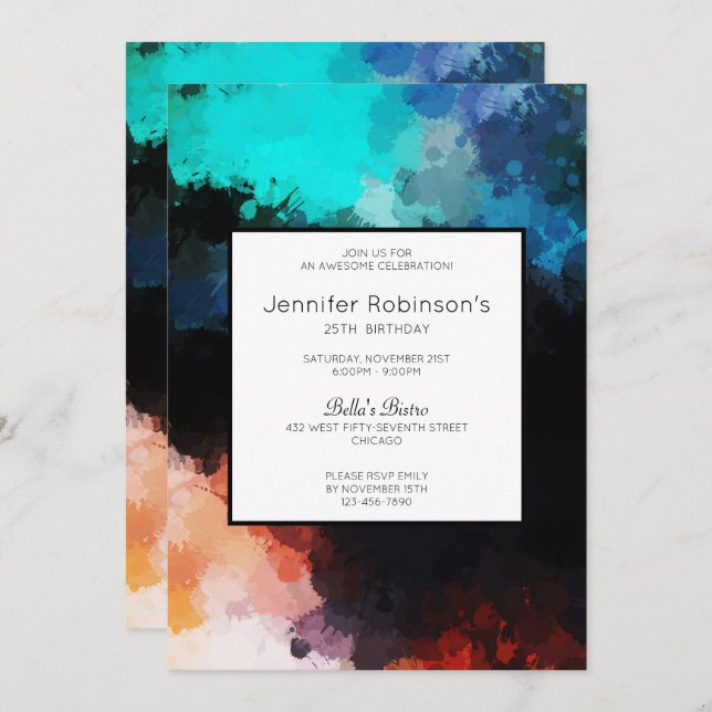 Modern Dark Abstract Paint Splatters Birthday Invitation (Front/Back)