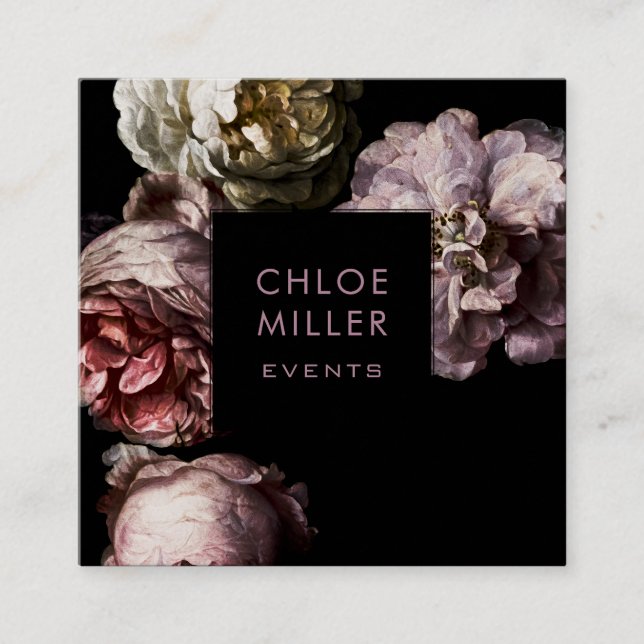 Modern Dark Black Floral Square Business Cards (Front)