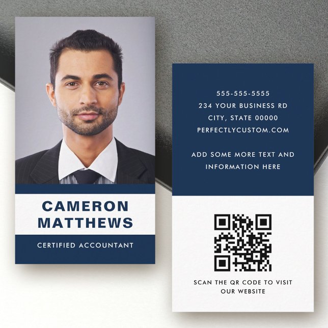 Modern dark blue and white add photo QR code Business Card (Creator Uploaded)