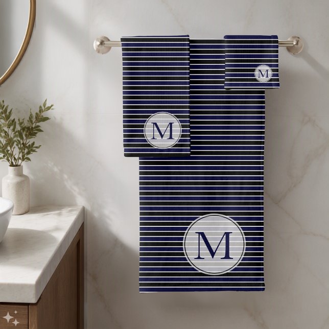 Modern Dark Blue Black Stripes Monogrammed Bath Towel Set (Creator Uploaded)
