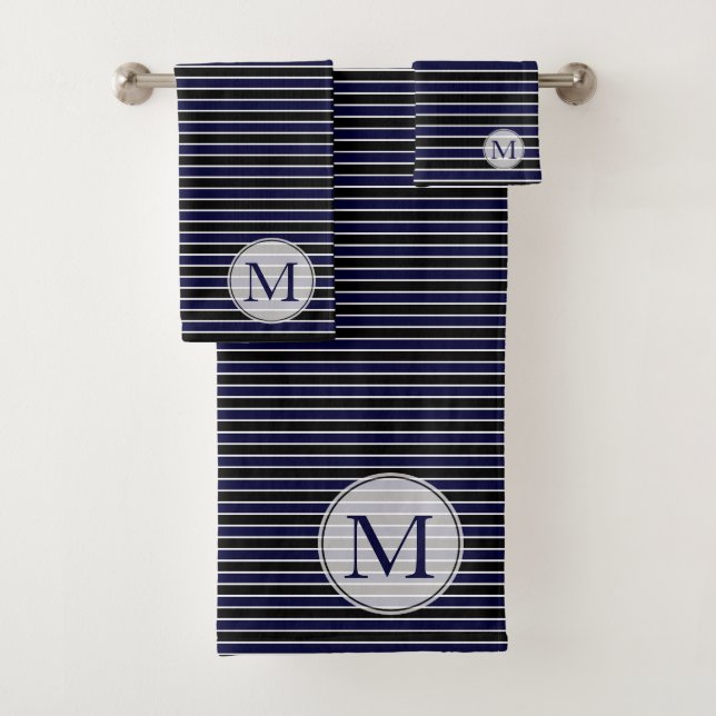 Modern Dark Blue Black Stripes Monogrammed Bath Towel Set (Insitu)