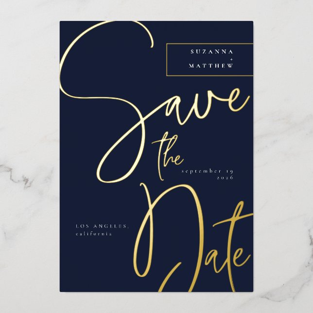 Modern Dark Blue Calligraphy Save the Date (Front)