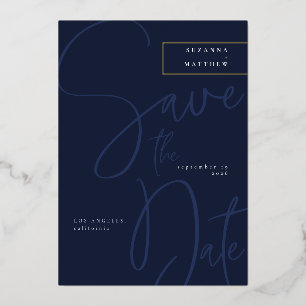 Modern Dark Blue Calligraphy Save the Date Wedding