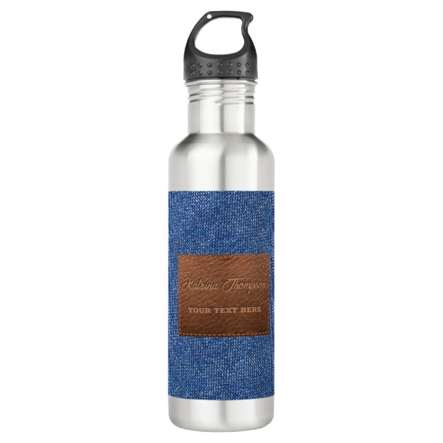 Modern Dark Blue Denim Jeans Texture Leather Patch 710 Ml Water Bottle (Front)