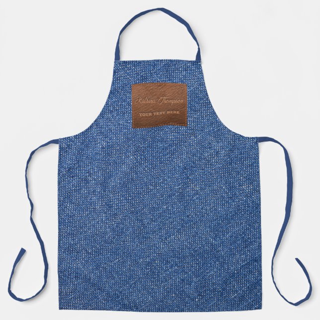 Modern Dark Blue Denim Jeans Texture Leather Patch Apron (Front)