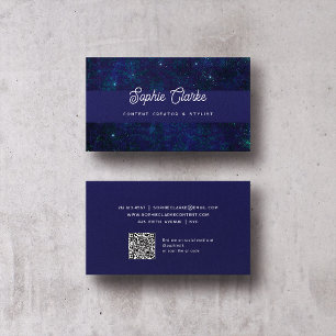 Modern Dark Blue   Elegant Script with QR Code Business Card