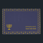 Modern Dark Blue | Enjoy Your Meal | MENORAH Laminated Place Mat<br><div class="desc">Modern dark blue reversible MENORAH Table Placemats, showing with faux gold menorah tiled pattern. Near the bottom, there is a larger single menorah, plus text that reads ENJOY YOUR MEAL in English and Hebrew text. These are CUSTOMIZABLE so you can PERSONALIZE with your family name or other greeting. A plain...</div>
