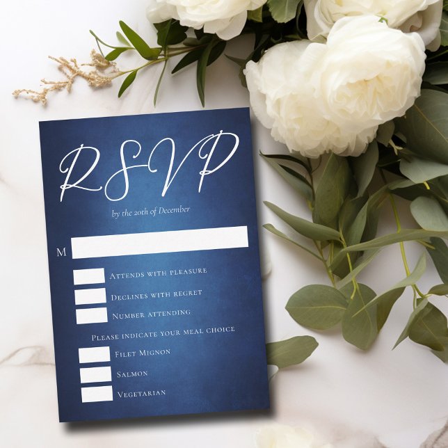 Modern Dark Blue Evening Wedding Meal Choice RSVP Card (Creator Uploaded)