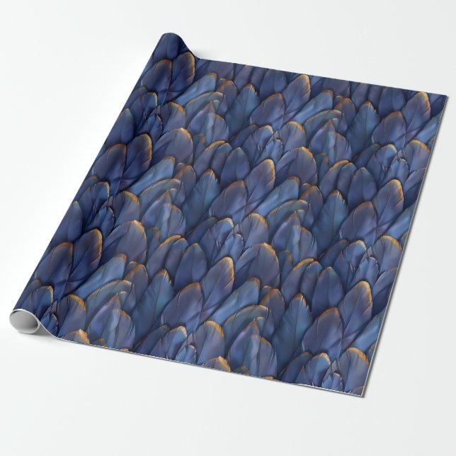 Modern dark blue feathers pattern wrapping paper (Unrolled)