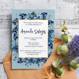 Modern Dark Blue Floral Birthday Party  Invitation