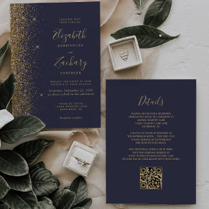Modern Dark Blue Gold Faux Glitter QR Code Wedding Invitation
