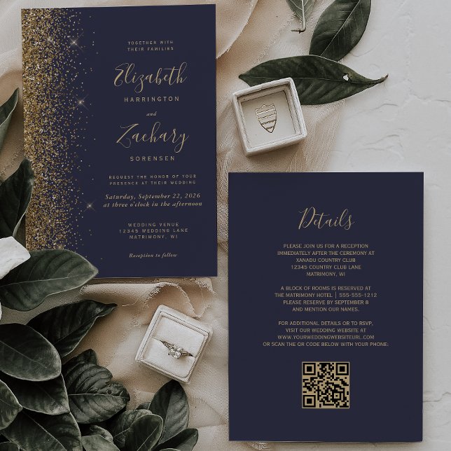 Modern Dark Blue Gold Faux Glitter QR Code Wedding Invitation (Creator Uploaded)