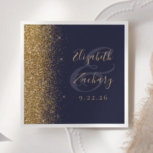 Modern Dark Blue Gold Glitter Edge Wedding Napkin
