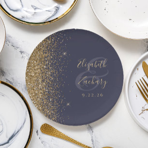 Modern Dark Blue Gold Glitter Edge Wedding Paper Plate