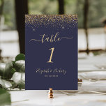 Modern Dark Blue Gold Glitter Edge Wedding Table Number<br><div class="desc">The top edge of this elegant modern wedding table number features a gold faux glitter design. The customisable text combines pale gold-coloured handwriting,  copperplate and italic fonts on a dark blue background.</div>