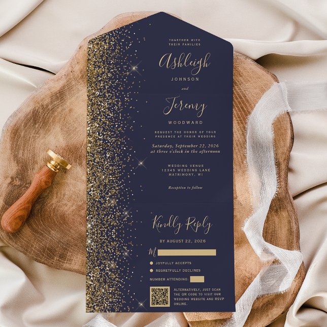 Modern Dark Blue Gold Glitter QR Code Wedding All In One Invitation (Creator Uploaded)