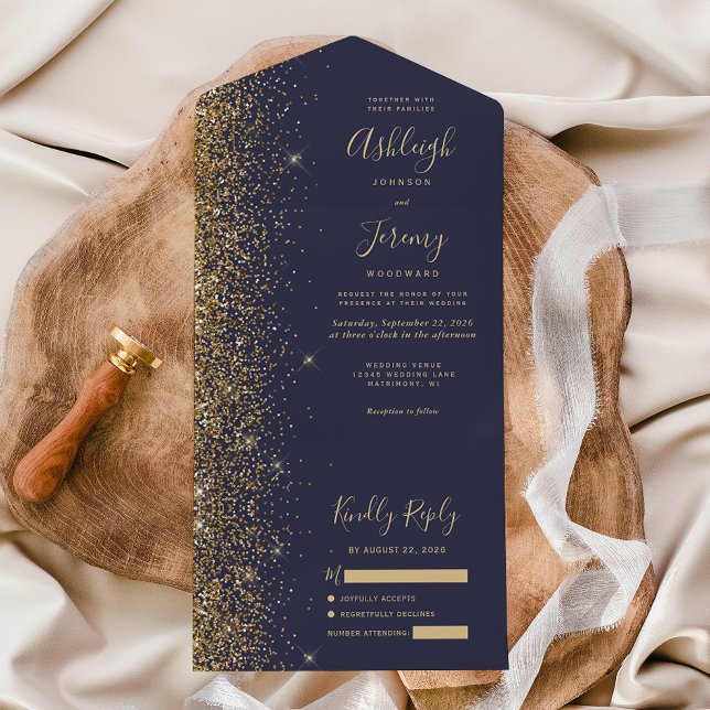 Modern Dark Blue Gold Glitter Wedding All In One Invitation (Creator Uploaded)