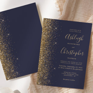 Modern Dark Blue Gold Glitter Wedding Invitation