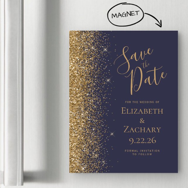 Modern Dark Blue Gold Save the Date Magnetic Card (Creator Uploaded)