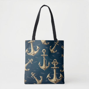 Modern Dark Blue Golden Anchor Seamless Pattern Tote Bag