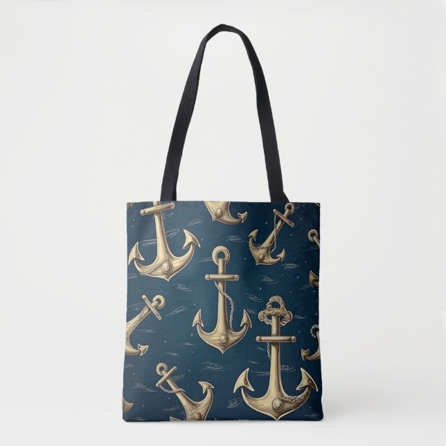 Modern Dark Blue Golden Anchor Seamless Pattern Tote Bag (Front)
