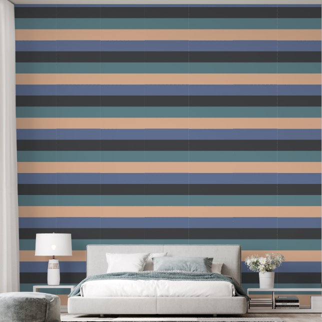Modern Dark Blue Grey Peach Horizontal Stripes Wallpaper (Bedroom)