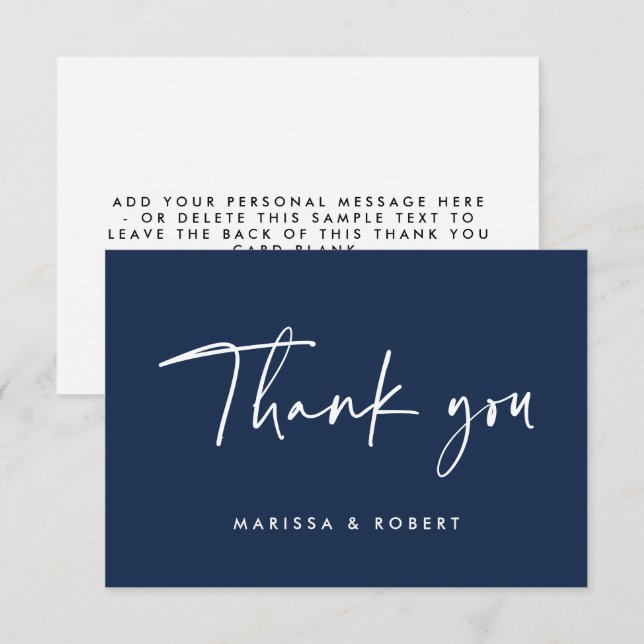 Modern Dark Blue Handwritten Script Wedding  Thank You Card (Front/Back)