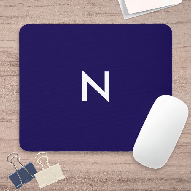 Modern Dark Blue Minimalist Monogram Initial Mouse Mat (A minimalist, modern, navy blue mouse mat, personalized with a white monogram initial)