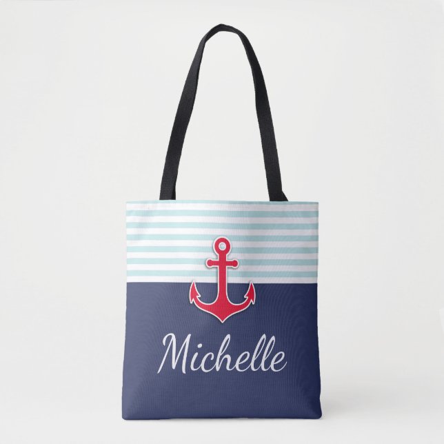 Modern Dark Blue Nautical Design Red Anchor Tote Bag (Front)