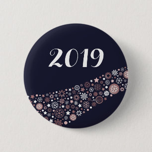 Modern dark blue, pink and white snowflakes winter 6 cm round badge