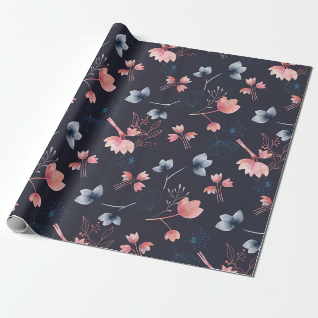 Modern dark blue pink floral leaf  wrapping paper (Unrolled)