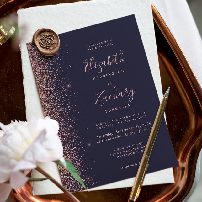 Modern Dark Blue Rose Gold Glitter Edge Wedding Invitation (Creator Uploaded)
