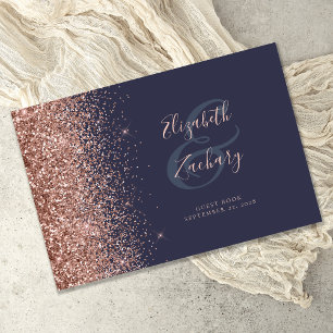 Modern Dark Blue Rose Gold Glitter Script Guest Book