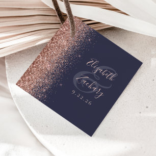 Modern Dark Blue Rose Gold Glitter Wedding Favour Tags