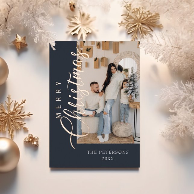 Modern Dark Blue Rose Gold Photo Christmas Foil Holiday Card (Modern Dark Blue Rose Gold Photo Christmas Foil Holiday Card with golden Christmas decoration.)